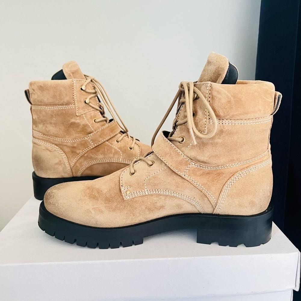 All Saints Paulina Suede Leather Buckle‎ Moto Boot, Size 11, Brown/Tan, NWT